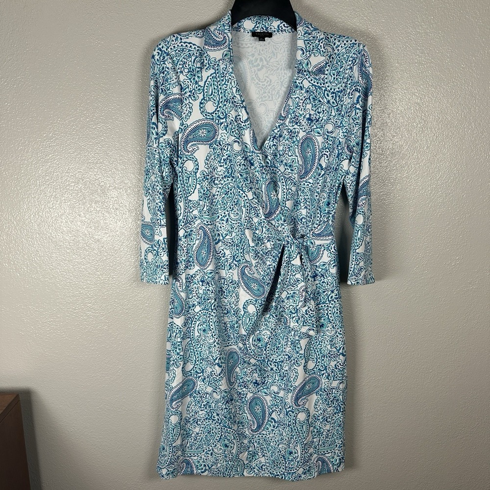 Talbots Paisley Faux Wrap Dress Medium Petite MP V-Neck 3/4 Sleeve Nylon Stretch